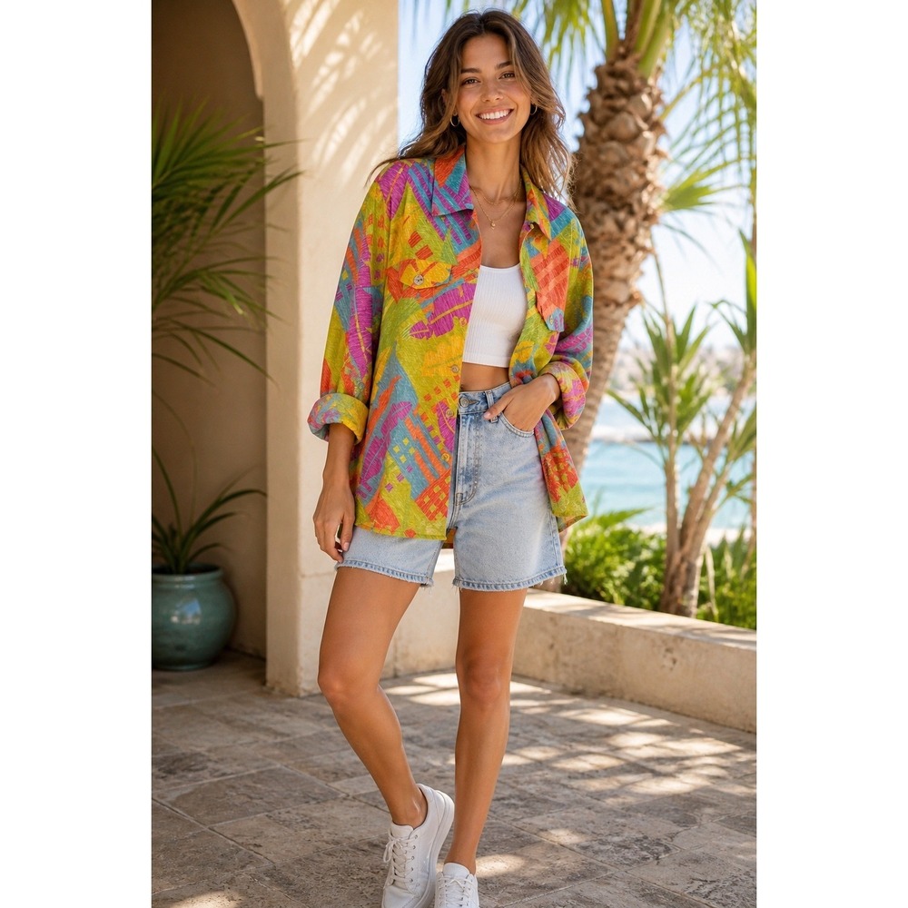 IOS Colorful Silk Linen Abstract Print Button Front Shirt Large